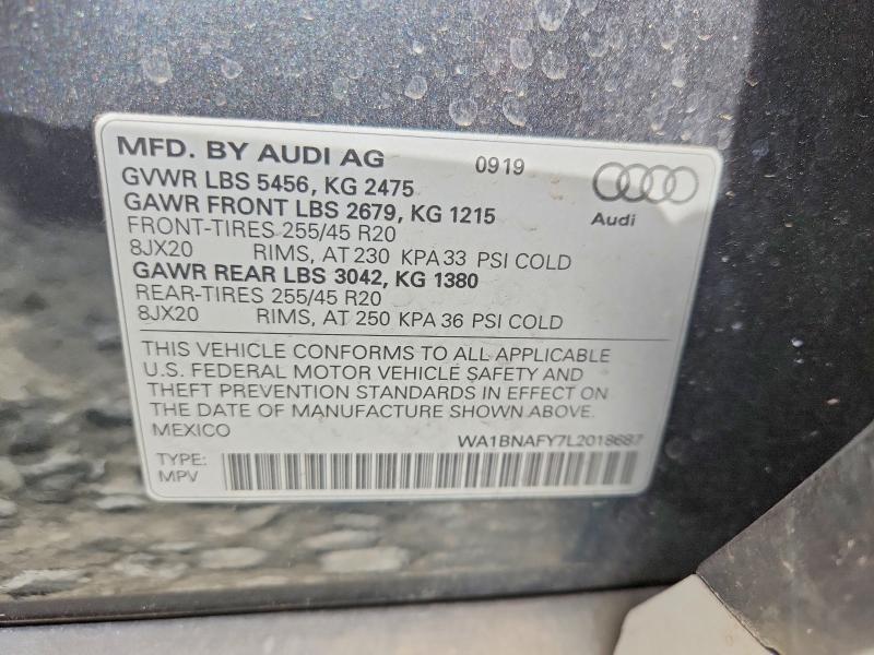 2020 Audi Q5 მანქანა იყიდება აუქციონზე, vin: WA1BNAFY7L2018687, აუქციონის ნომერი: 50695506