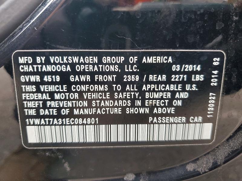 47665346 :رقم المزاد ، 1VWAT7A31EC084801 vin ، 2014 Volkswagen Passat مزاد بيع