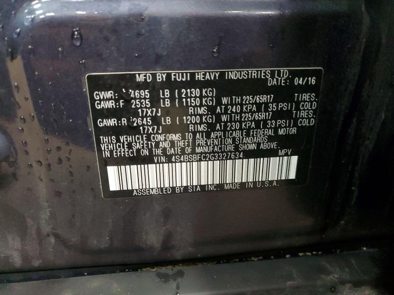 2016 Subaru Outback მანქანა იყიდება აუქციონზე, vin: 4S4BSBFC2G3327634, აუქციონის ნომერი: 78416745
