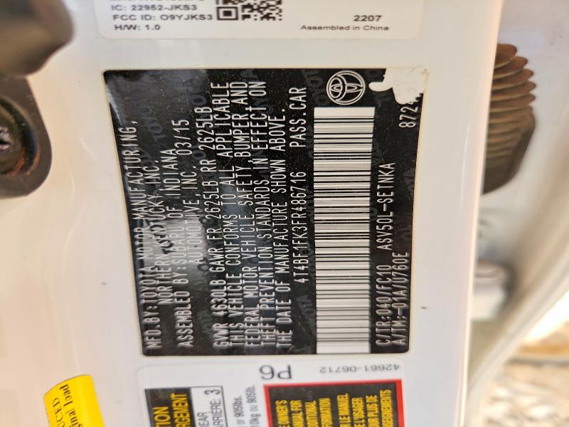 2015 Toyota Camry მანქანა იყიდება აუქციონზე, vin: 4T4BF1FK3FR486716, აუქციონის ნომერი: 48948516