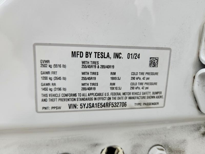 Продаж на аукціоні авто 2024 Tesla Model S, vin: 5YJSA1E54RF532706, номер лоту: 50049656