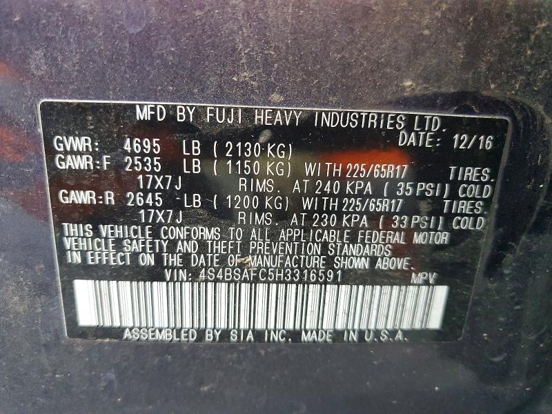 50678606 :رقم المزاد ، 4S4BSAFC5H3316591 vin ، 2017 Subaru Outback مزاد بيع
