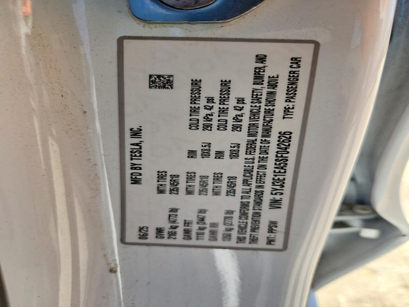 Aukcja sprzedaży 2025 Tesla Model 3, vin: 5YJ3E1EA5SF042626, numer aukcji: 78865535