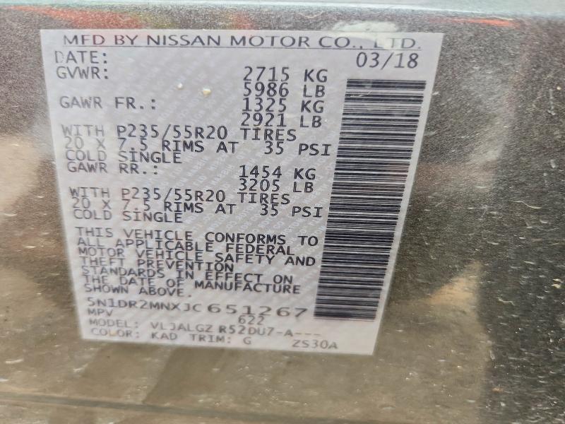2018 Nissan Pathfinder მანქანა იყიდება აუქციონზე, vin: 5N1DR2MNXJC651267, აუქციონის ნომერი: 50657126