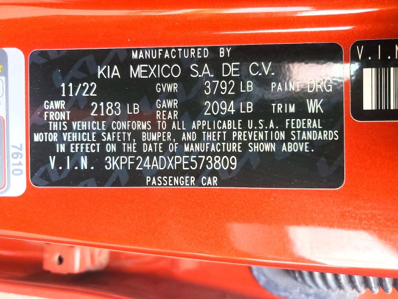 2023 Kia Forte მანქანა იყიდება აუქციონზე, vin: 3KPF24ADXPE573809, აუქციონის ნომერი: 51261316