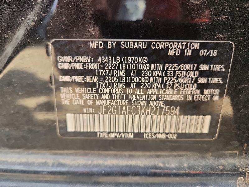 Aukcja sprzedaży 2019 Subaru Crosstrek, vin: JF2GTAEC3KH217594, numer aukcji: 50664836