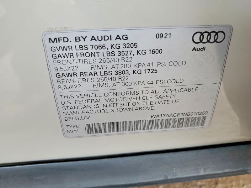 2022 Audi E-tron მანქანა იყიდება აუქციონზე, vin: WA13AAGE2NB010259, აუქციონის ნომერი: 49649566