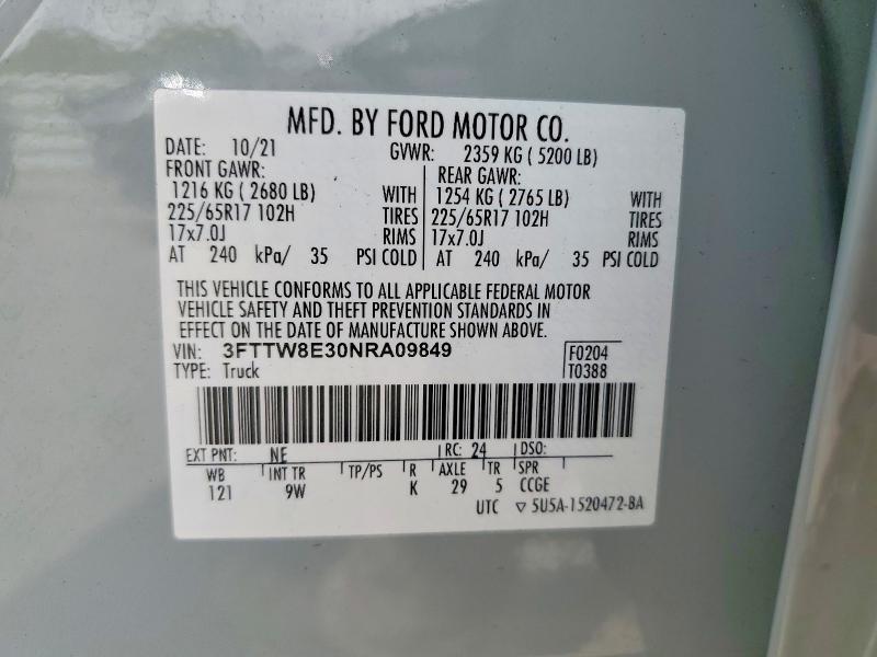 50052786 :رقم المزاد ، 3FTTW8E30NRA09849 vin ، 2022 Ford Maverick مزاد بيع