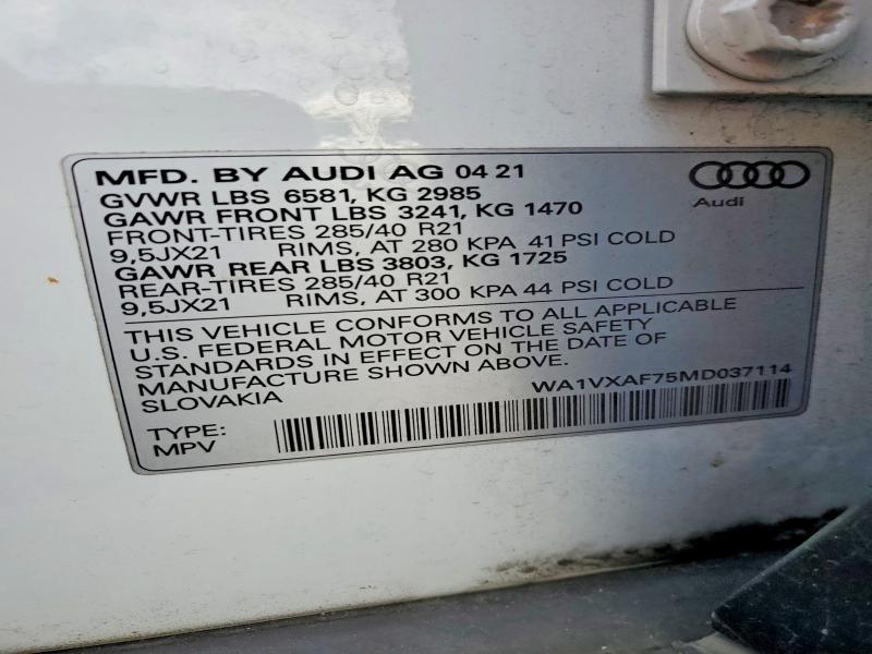 Продажа на аукционе авто 2021 Audi Q7, vin: WA1VXAF75MD037114, номер лота: 49008946