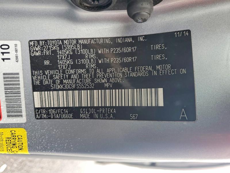Продажа на аукционе авто 2015 Toyota Sienna, vin: 5TDKK3DC9FS552532, номер лота: 50817376
