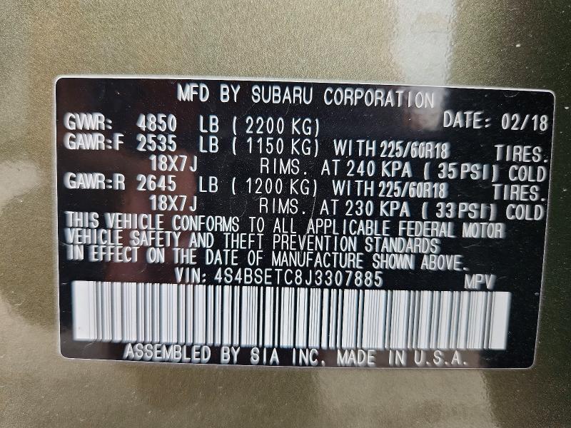 Продажа на аукционе авто 2018 Subaru Outback, vin: 4S4BSETC8J3307885, номер лота: 49138786