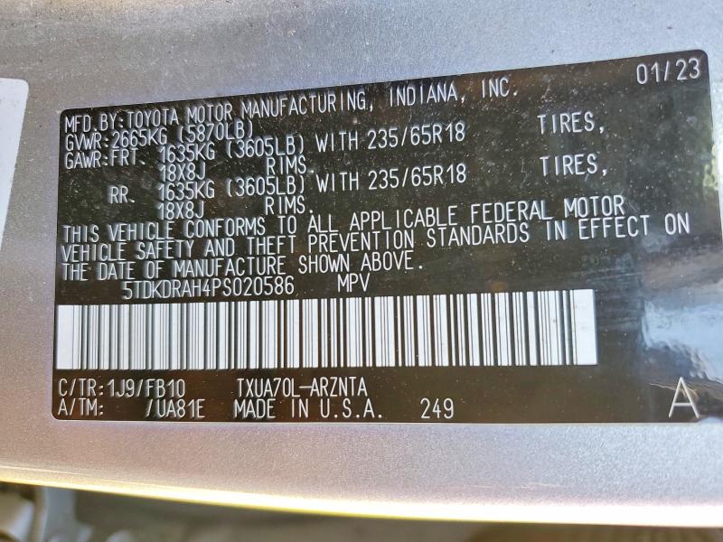 49587526 :رقم المزاد ، 5TDKDRAH4PS020586 vin ، 2023 Toyota Highlander مزاد بيع
