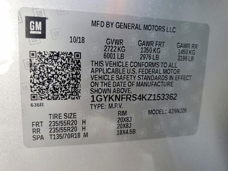 50924386 :رقم المزاد ، 1GYKNFRS4KZ153362 vin ، 2019 Cadillac Xt5 مزاد بيع