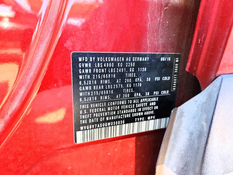49516736 :رقم المزاد ، WVGBV7AX0GW030830 vin ، 2016 Volkswagen Tiguan مزاد بيع