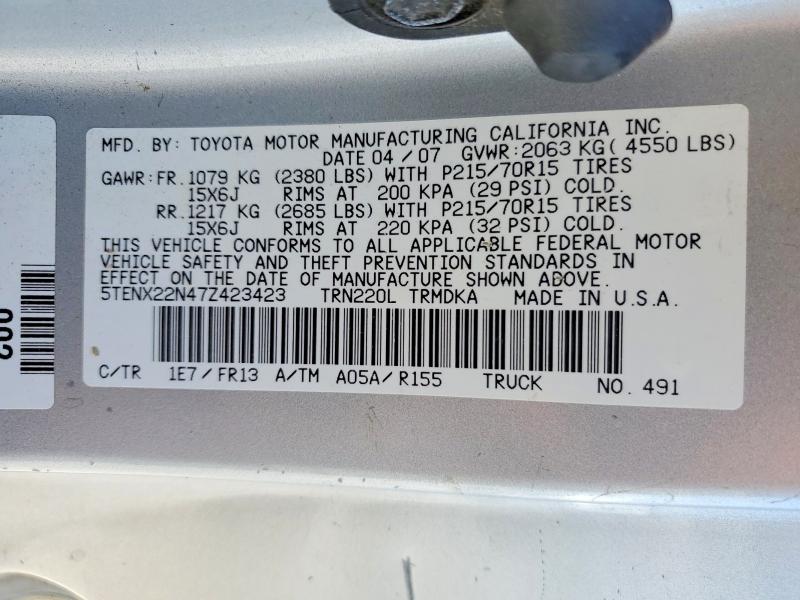 50820126 :رقم المزاد ، 5TENX22N47Z423423 vin ، 2007 Toyota Tacoma مزاد بيع