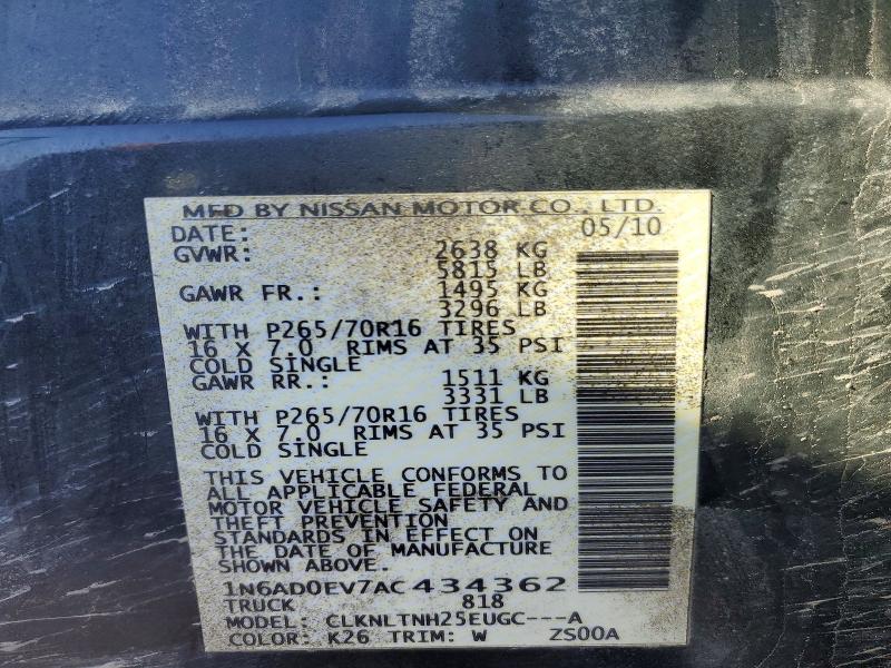 49069206 :رقم المزاد ، 1N6AD0EV7AC434362 vin ، 2010 Nissan Frontier مزاد بيع
