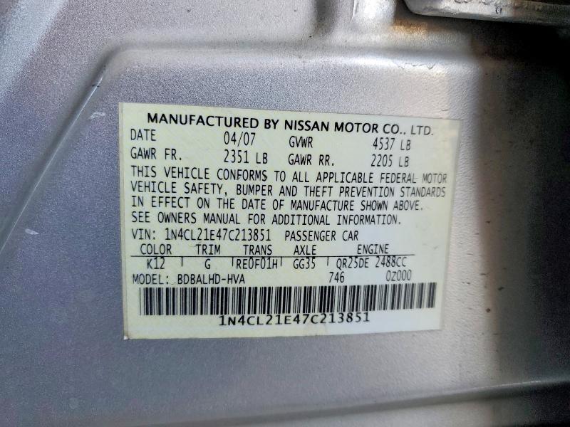 Aukcja sprzedaży 2007 Nissan Altima, vin: 1N4CL21E47C213851, numer aukcji: 51636036