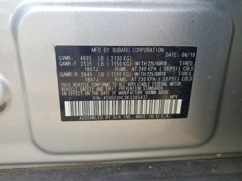 2019 Subaru Outback მანქანა იყიდება აუქციონზე, vin: 4S4BSANC9K3385437, აუქციონის ნომერი: 51358236