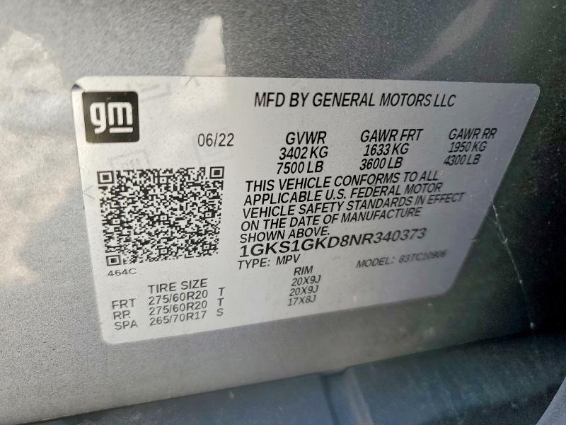 49295386 :رقم المزاد ، 1GKS1GKD8NR340373 vin ، 2022 Gmc Yukon Xl مزاد بيع