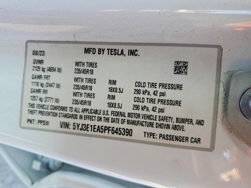 49002106 :رقم المزاد ، 5YJ3E1EA5PF645390 vin ، 2023 Tesla Model 3 مزاد بيع