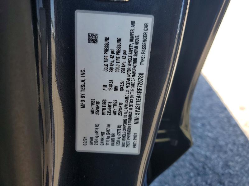 50419506 :رقم المزاد ، 5YJ3E1EA4RF726786 vin ، 2024 Tesla Model 3 مزاد بيع