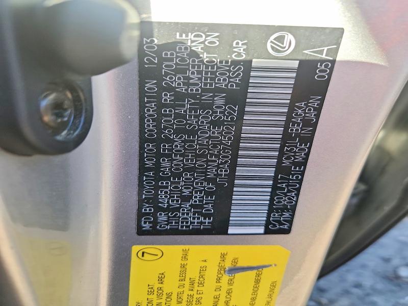 Aukcja sprzedaży 2004 Lexus Es, vin: JTHBA30G745021522, numer aukcji: 50350556