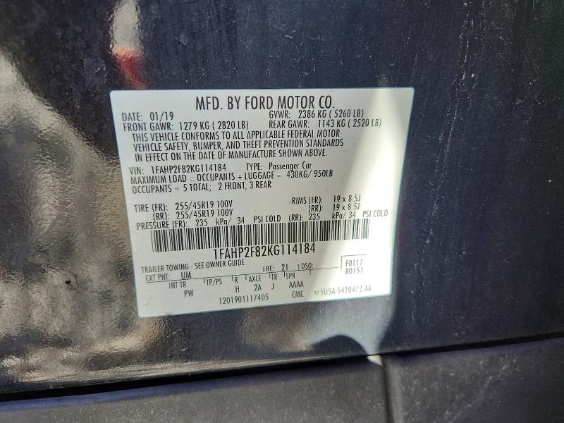 2019 Ford Taurus მანქანა იყიდება აუქციონზე, vin: 1FAHP2F82KG114184, აუქციონის ნომერი: 50791556
