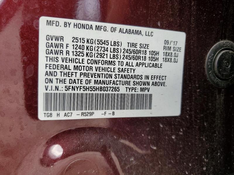 2017 Honda Pilot მანქანა იყიდება აუქციონზე, vin: 5FNYF5H55HB037265, აუქციონის ნომერი: 48393636
