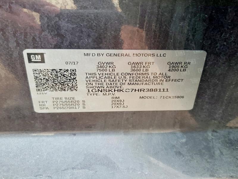 Продаж на аукціоні авто 2017 Chevrolet Suburban, vin: 1GNSKHKC7HR388111, номер лоту: 49802896