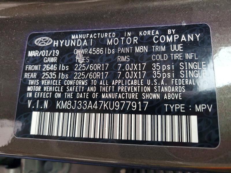 2019 Hyundai Tucson მანქანა იყიდება აუქციონზე, vin: KM8J33A47KU977917, აუქციონის ნომერი: 51335246