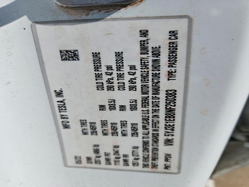 2022 Tesla Model 3 მანქანა იყიდება აუქციონზე, vin: 5YJ3E1EB8NF250383, აუქციონის ნომერი: 49012756