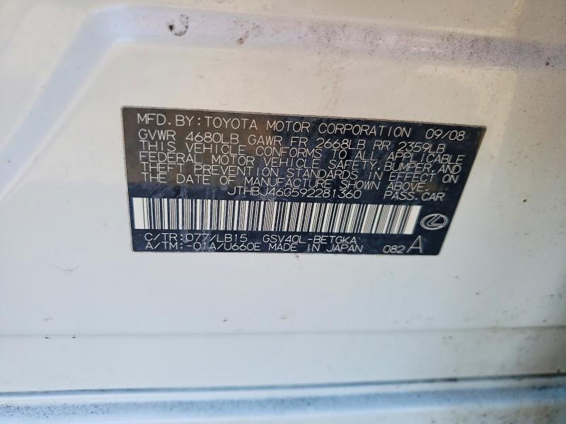 51489236 :رقم المزاد ، JTHBJ46G592281360 vin ، 2009 Lexus Es مزاد بيع