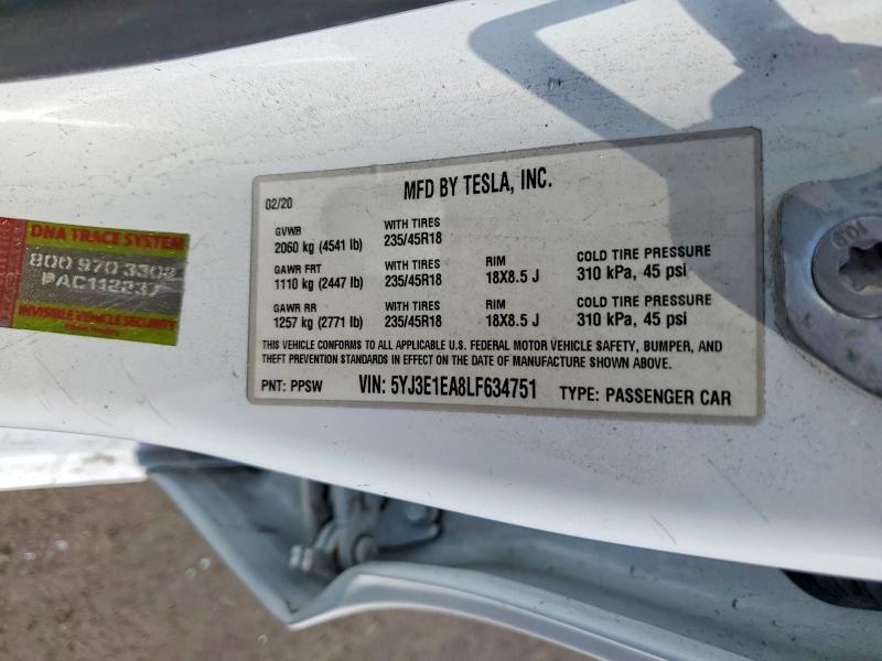 Aukcja sprzedaży 2020 Tesla Model 3, vin: 5YJ3E1EA8LF634751, numer aukcji: 47999426