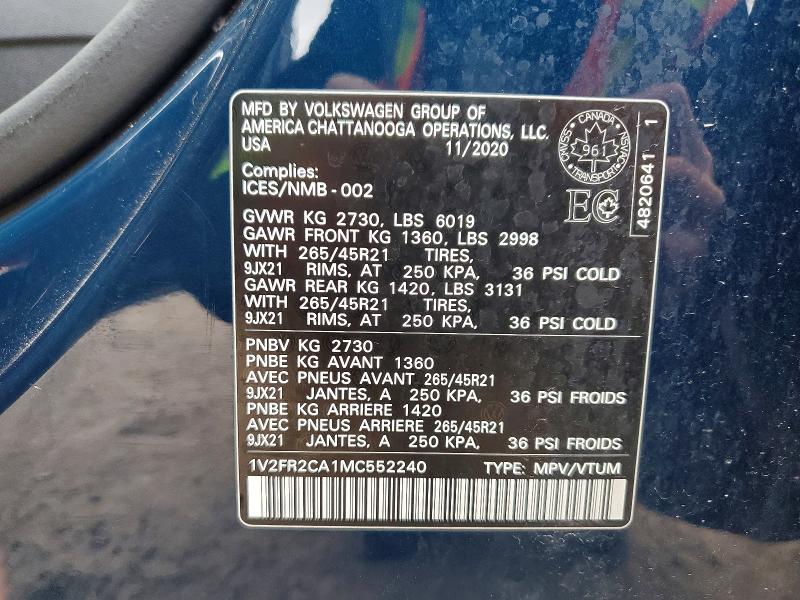 Продажа на аукционе авто 2021 Volkswagen Atlas, vin: 1V2FR2CA1MC552240, номер лота: 46511766