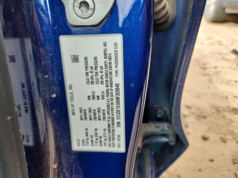 49112766 :رقم المزاد ، 5YJ3E1EA8NF359840 vin ، 2022 Tesla Model 3 مزاد بيع