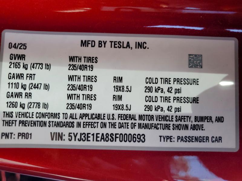 Продажа на аукционе авто 2025 Tesla Model 3, vin: 5YJ3E1EA8SF000693, номер лота: 51137036