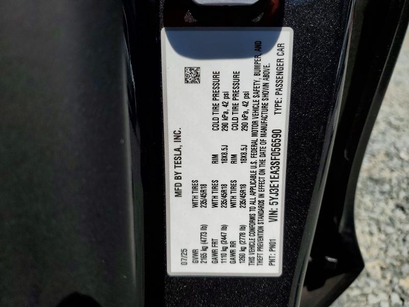 Aukcja sprzedaży 2025 Tesla Model 3, vin: 5YJ3E1EA3SF056590, numer aukcji: 50890606