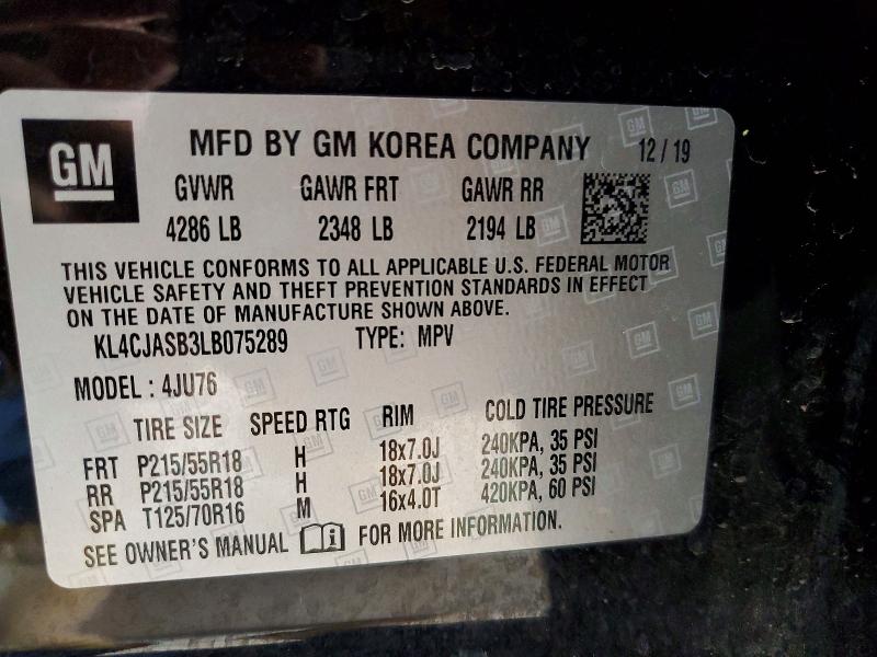51170466 :رقم المزاد ، KL4CJASB3LB075289 vin ، 2020 Buick Encore مزاد بيع