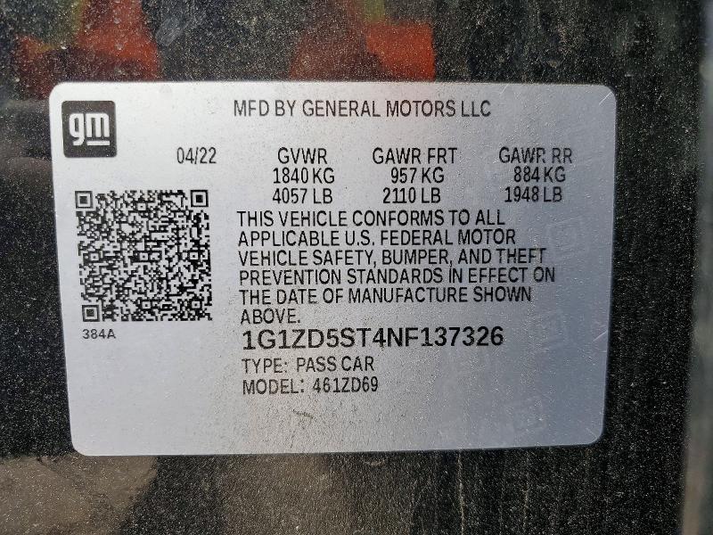 49701286 :رقم المزاد ، 1G1ZD5ST4NF137326 vin ، 2022 Chevrolet Malibu مزاد بيع