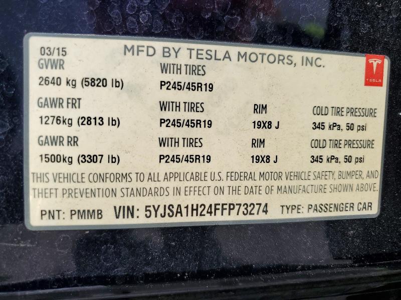 49483646 :رقم المزاد ، 5YJSA1H24FFP73274 vin ، 2015 Tesla Model S مزاد بيع