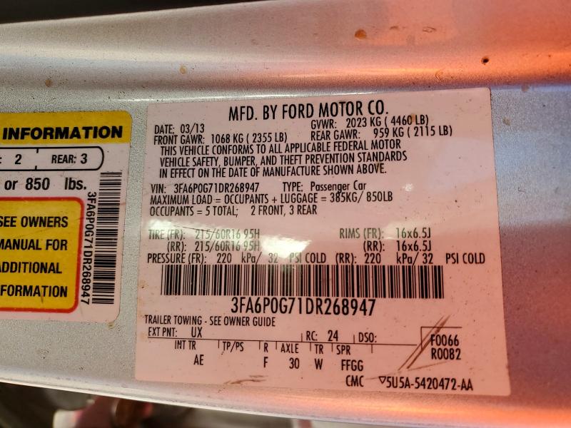 2013 Ford Fusion მანქანა იყიდება აუქციონზე, vin: 3FA6P0G71DR268947, აუქციონის ნომერი: 50472766