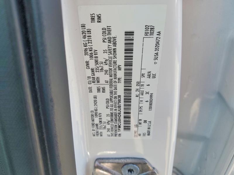 49952586 :رقم المزاد ، 1FMCU0HD8JUB79838 vin ، 2018 Ford Escape مزاد بيع
