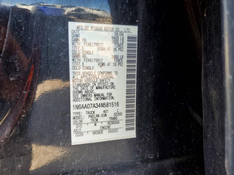 2004 Nissan Titan მანქანა იყიდება აუქციონზე, vin: 1N6AA07A34N581516, აუქციონის ნომერი: 49094166