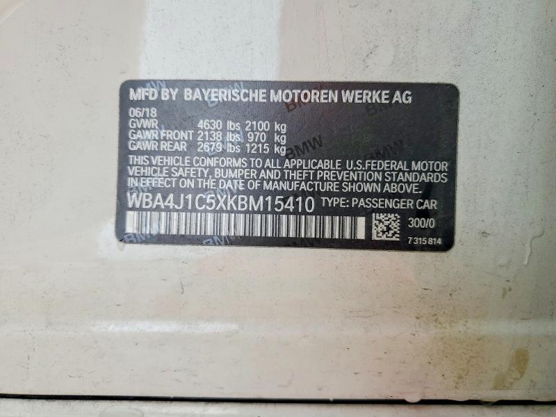 49834036 :رقم المزاد ، WBA4J1C5XKBM15410 vin ، 2019 Bmw 430i مزاد بيع