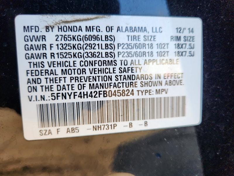 Aukcja sprzedaży 2015 Honda Pilot, vin: 5FNYF4H42FB045824, numer aukcji: 48709746