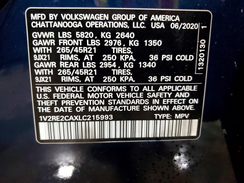 49930006 :رقم المزاد ، 1V2RE2CAXLC215993 vin ، 2020 Volkswagen Atlas Cross Sport مزاد بيع