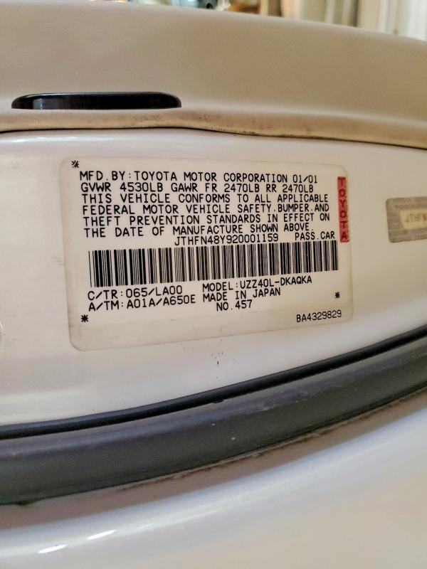 49449046 :رقم المزاد ، JTHFN48Y920001159 vin ، 2002 Lexus Sc مزاد بيع