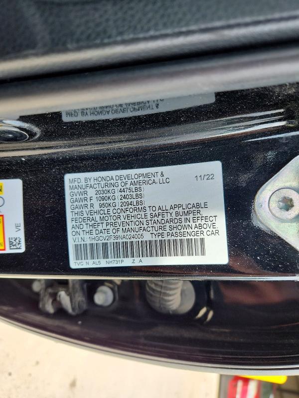 Продаж на аукціоні авто 2022 Honda Accord, vin: 1HGCV2F39NA024005, номер лоту: 49509736