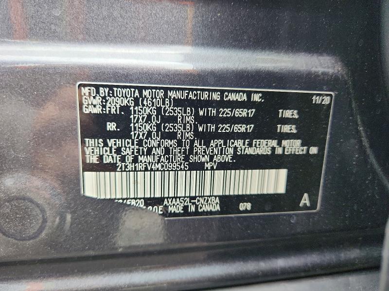 Продаж на аукціоні авто 2021 Toyota Rav4, vin: 2T3H1RFV4MC099545, номер лоту: 48234176