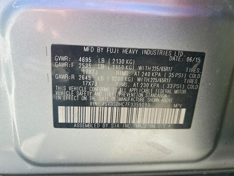 2015 Subaru Outback მანქანა იყიდება აუქციონზე, vin: 4S4BSBHC7F3359099, აუქციონის ნომერი: 50390826